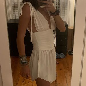 White ruched V neck dress